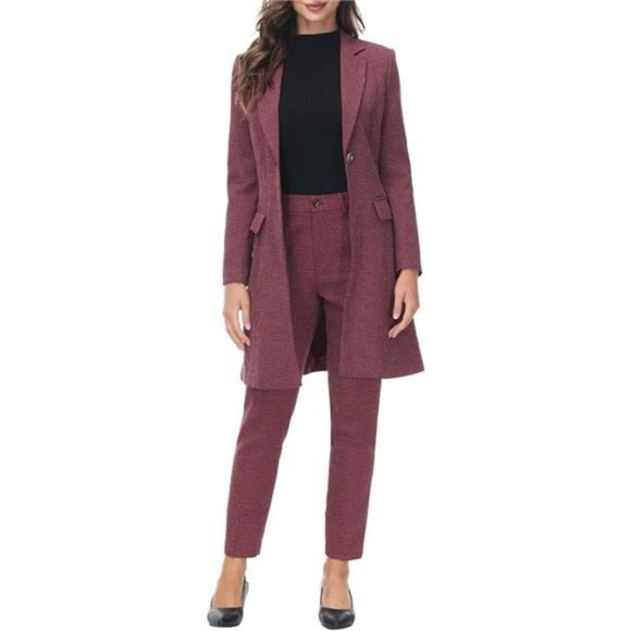 2 Piece Long Blazer with Pants Set Small Plaid Elegant Suit Set For Women
